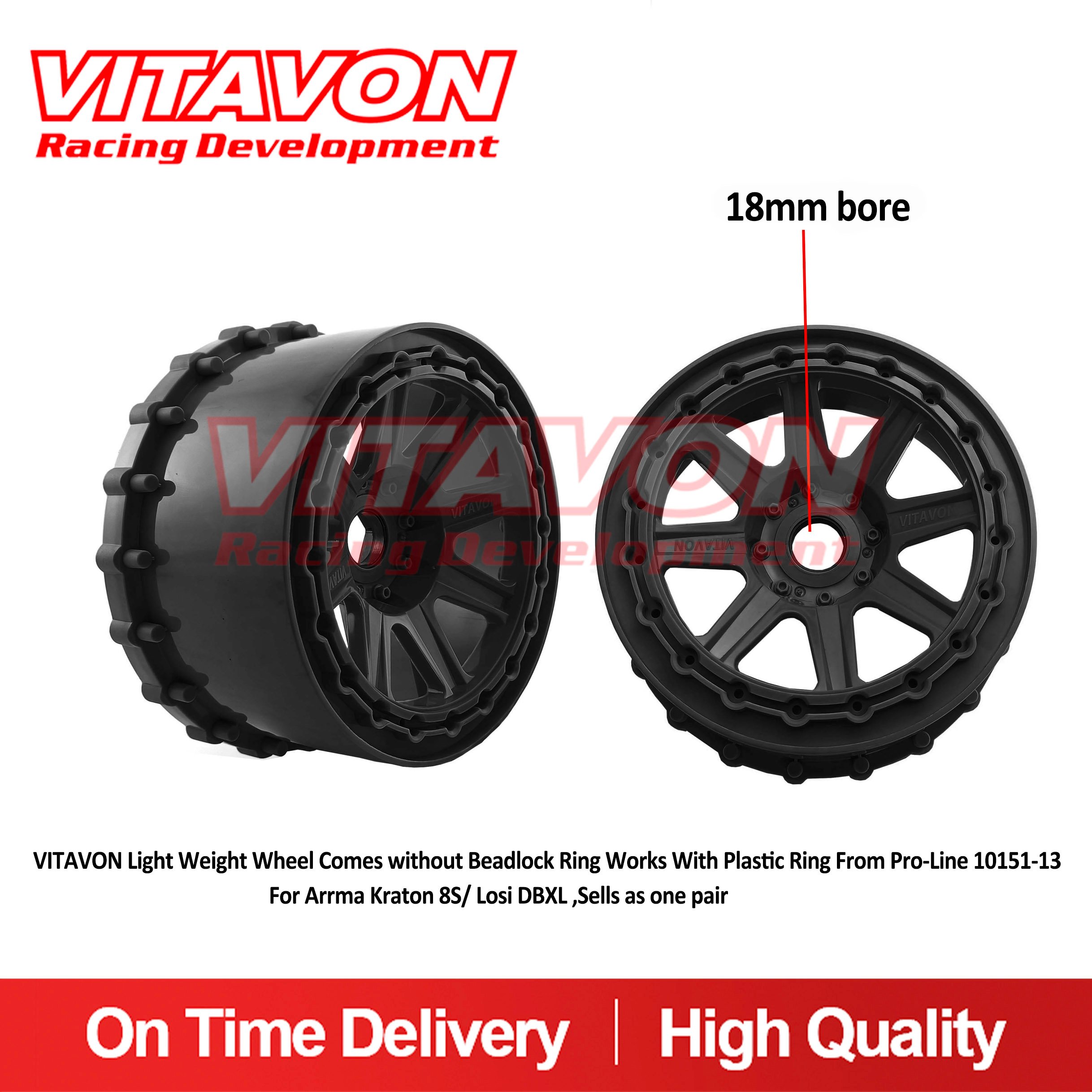 VITAVON Light Weight Wheel Comes without Beadlock Ring Works With Plastic Ring From Pro-Line 10151-13 For Arrma Kraton 8S/ Losi DBXL ,Sells as one pair